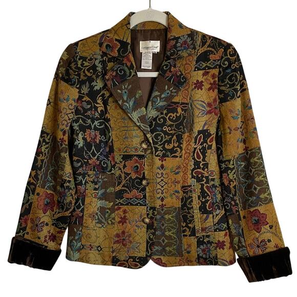 Coldwater Creek Tapestry Patchwork Blazer Jacket Sz SP Velvet Cuffs Shabby Chic - Picture 1 of 12